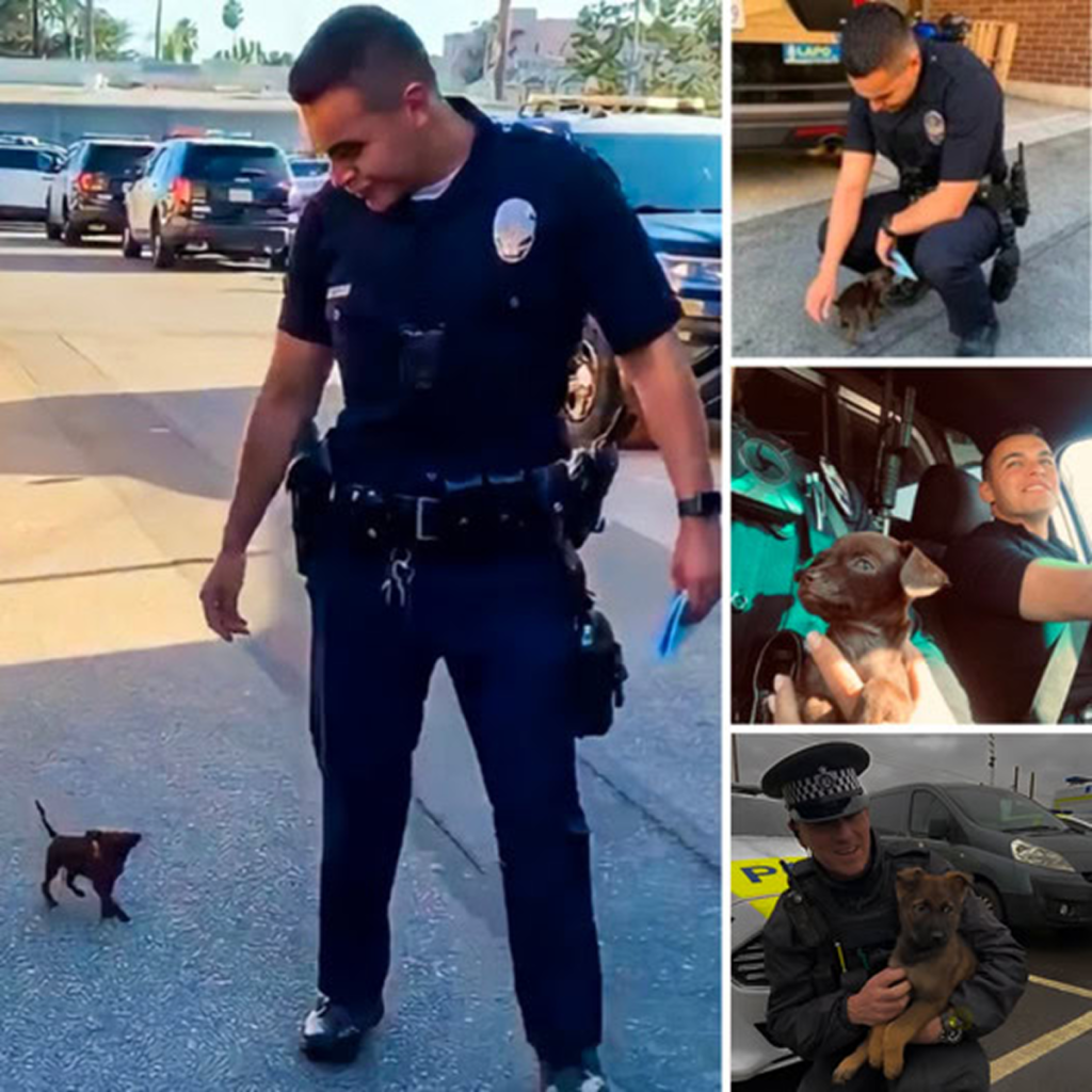 A small dog follows a police officer closely, its hopeful eyes silently pleading for a chance at a loving forever home. -dtht